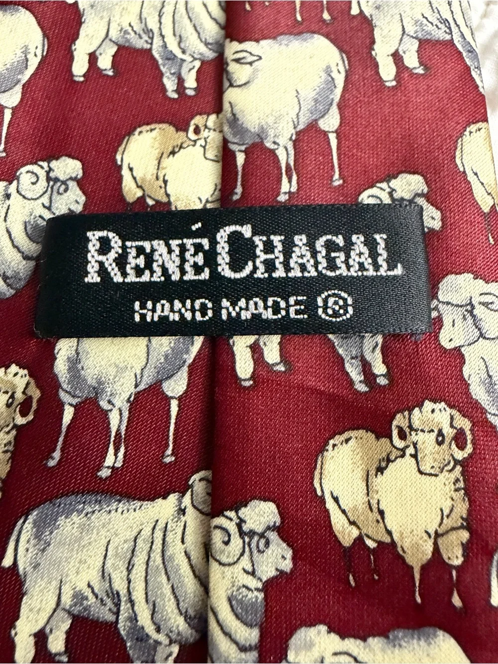 Rene Chagal Handmade Silk Novelty Sheep Pattern Burgundy Tie